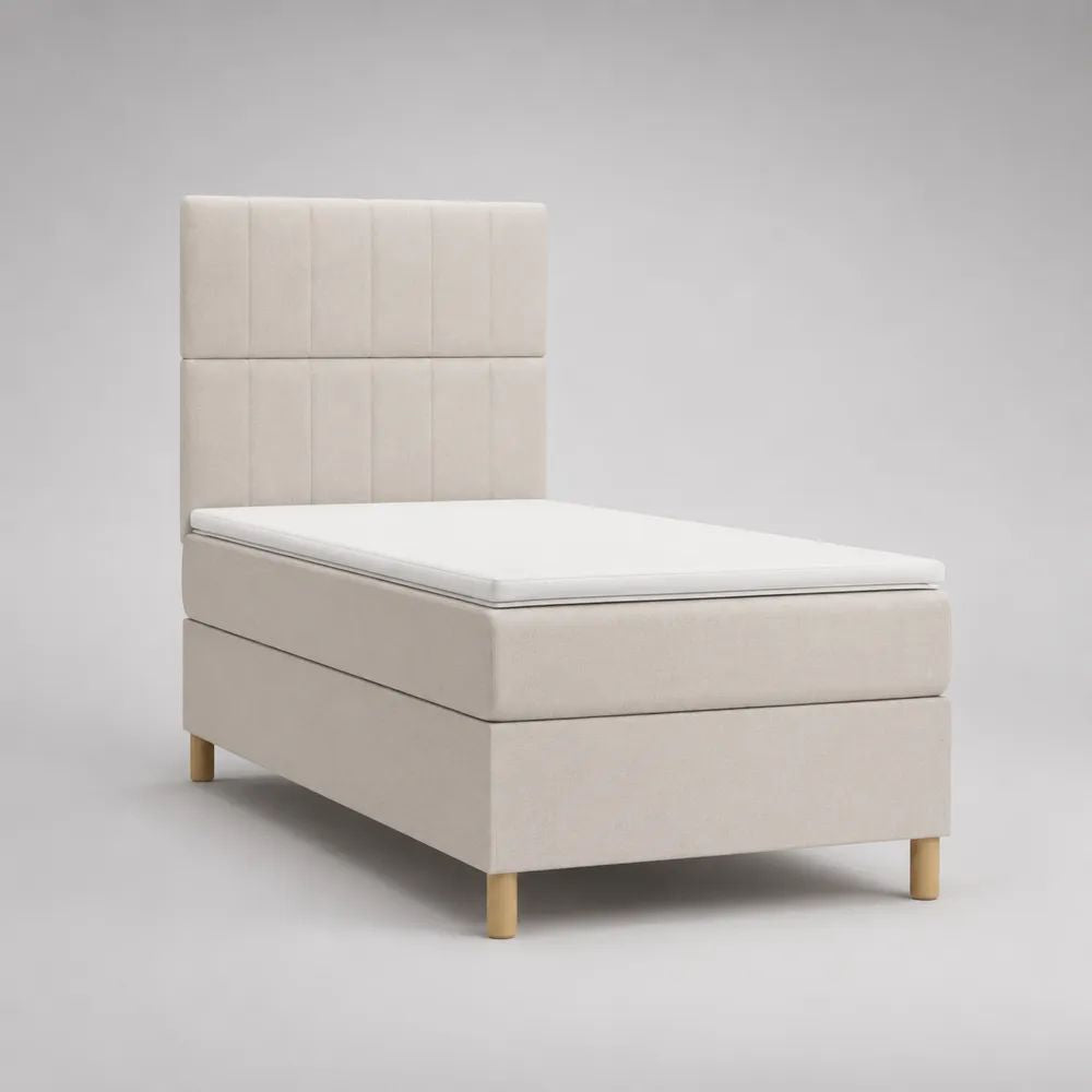 Lit boxspring 1 place 90 × 200 cm avec matelas, surmatelas et tête de lit en polyester beige clair