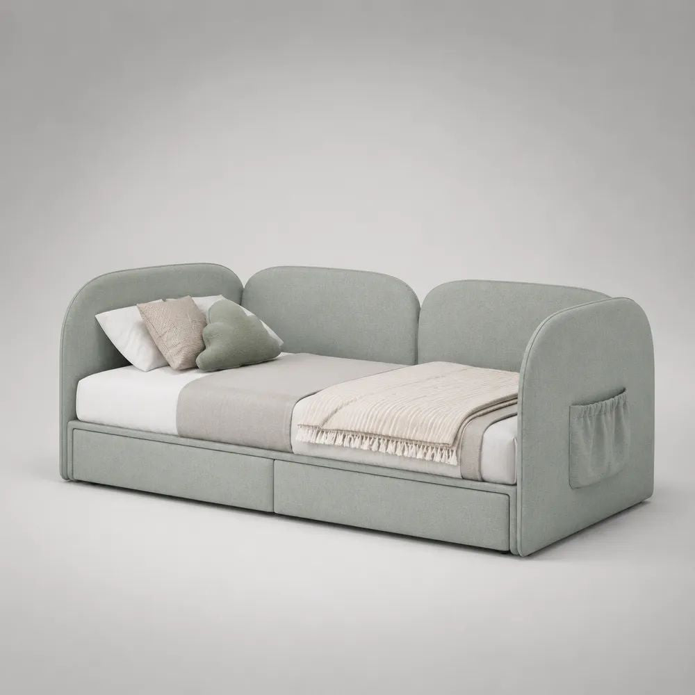 Lit banquette en tissu vert sauge 90 × 190 cm avec sommier, 2 tiroirs et poche latérale