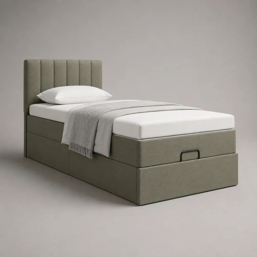 Lit coffre 1 place 90 x 190 cm en polyester grège avec sommier relevable et tête de lit