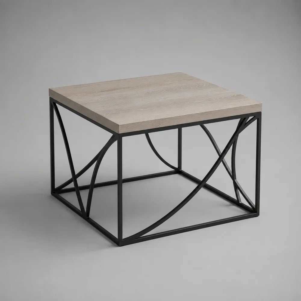 Table basse carrée en panneau de particules mélaminé et acier noir, 60 × 60 × 45 cm, chêne clair