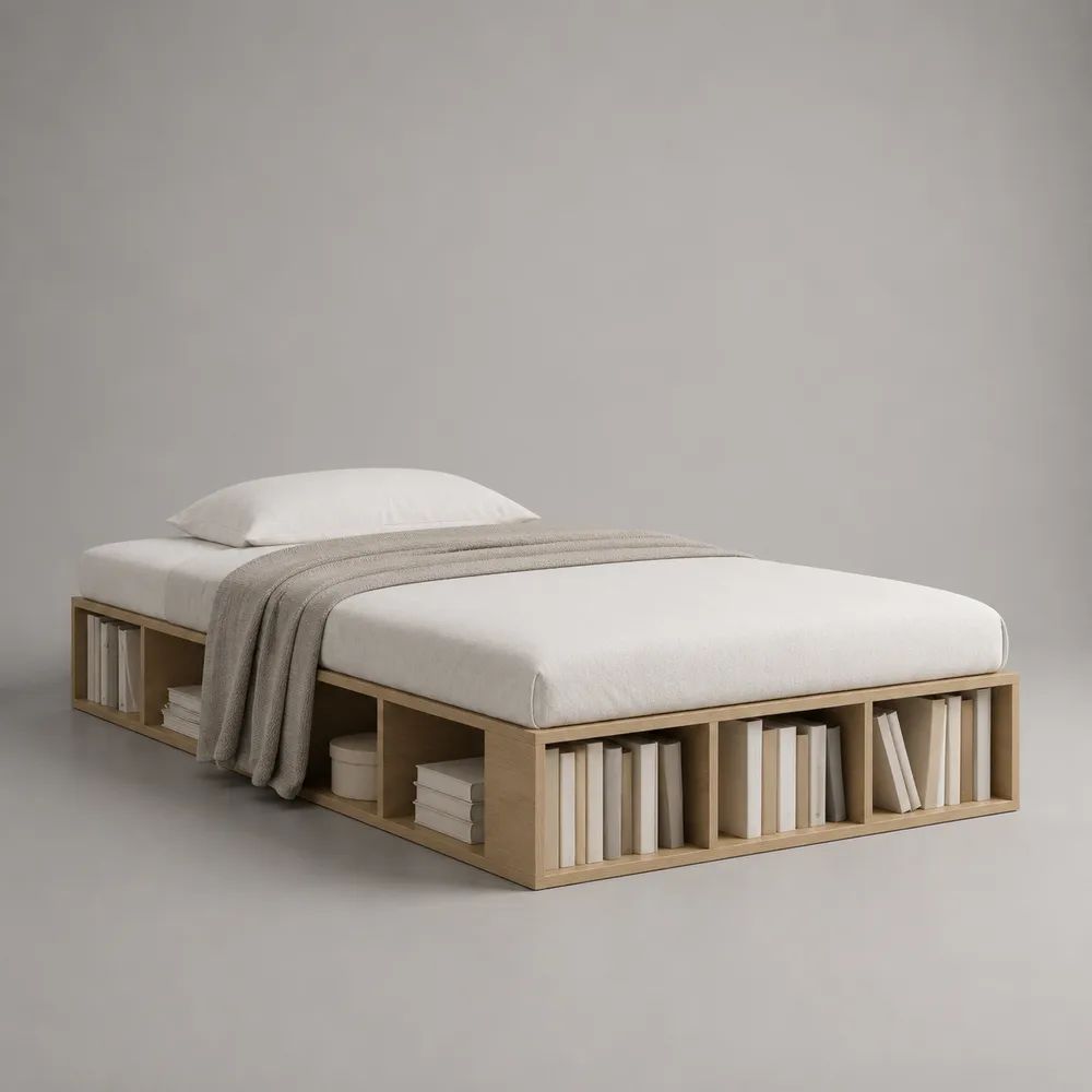Lit plateforme en bois avec rangements intégrés, chêne naturel, couchage 140 × 200 cm