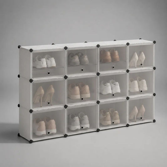 Meuble à chaussures modulable 12 compartiments en polypropylène et acier, blanc translucide et noir, 160 × 30 × 90 cm