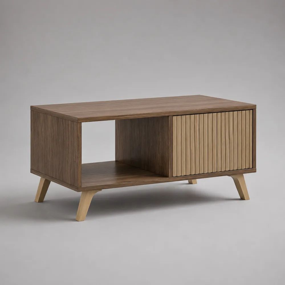 Table basse rectangulaire en bois avec niche ouverte et rangement fermé, marron noyer/chêne clair, 100 x 50 x 50 cm
