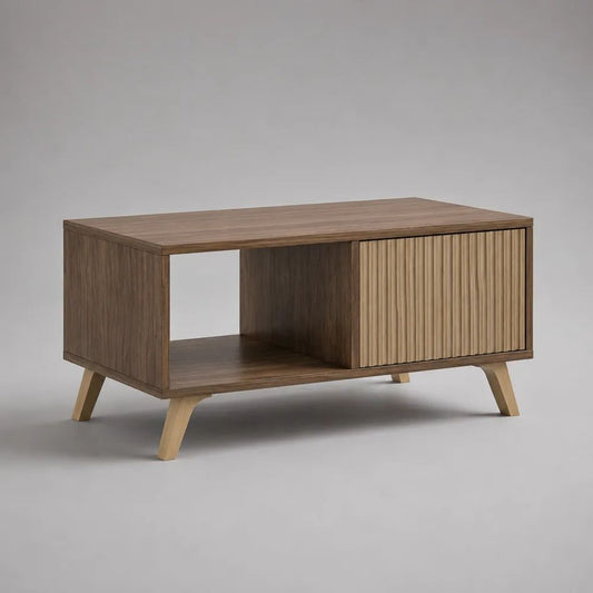 Table basse rectangulaire en bois avec niche ouverte et rangement fermé, marron noyer/chêne clair, 100 x 50 x 50 cm