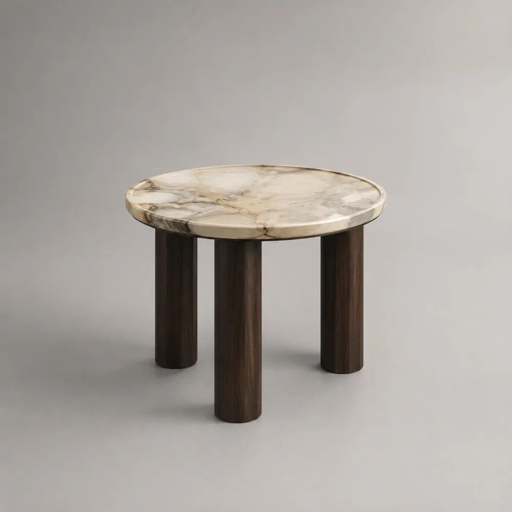 Table basse ronde en marbre beige et bois de noyer massif, Ø 50 × H 45 cm