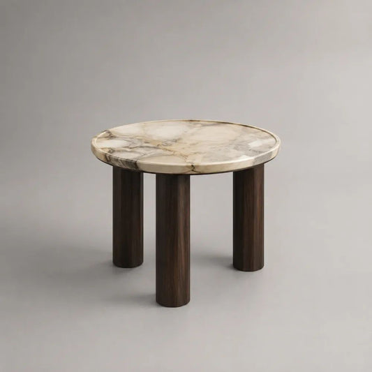 Table basse ronde en marbre beige et bois de noyer massif, Ø 50 × H 45 cm