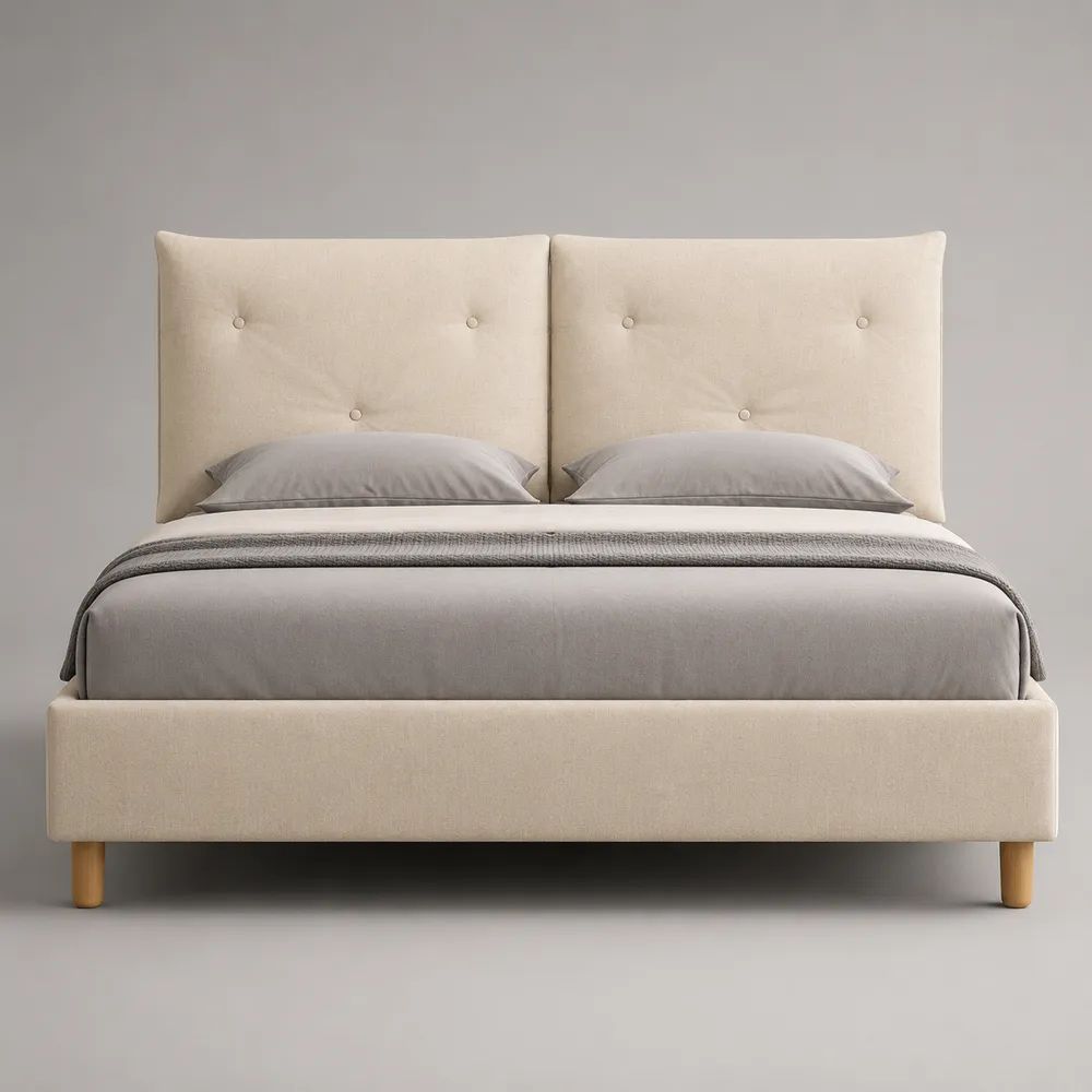 Lit double rembourré en tissu beige 160 x 200 cm avec tête de lit capitonnée et pieds en bois