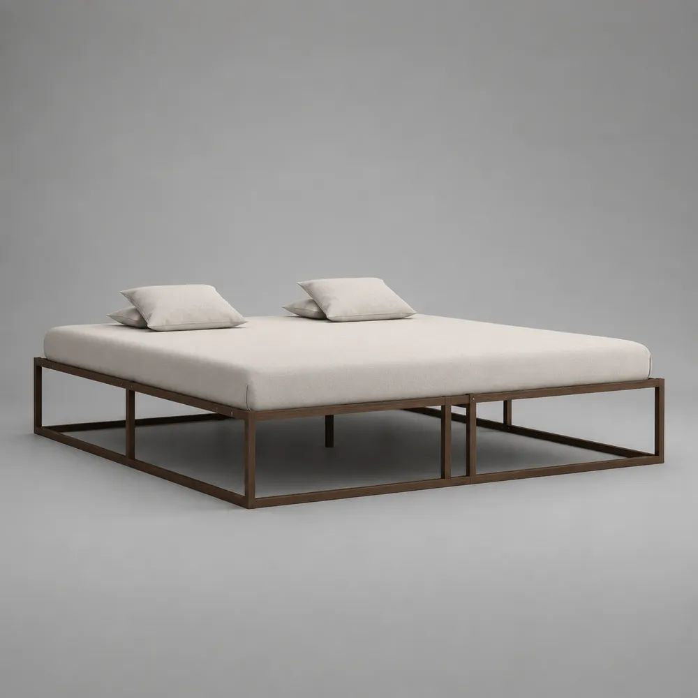 Lit double 180 × 200 cm avec matelas en mousse, cadre en acier brun et revêtement crème, 204 × 184 × 48 cm