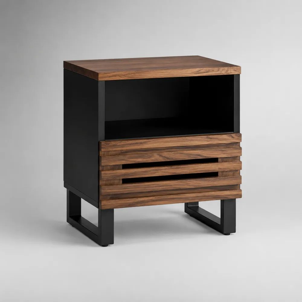Table de chevet rectangulaire avec tiroir et niche en MDF plaqué noyer et acier noir, 50 × 40 × 60 cm