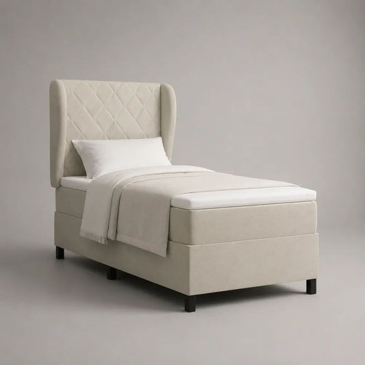 Lit simple rembourré en polyester beige et noir avec tête de lit matelassée, couchage 90 × 200 cm, dimensions 215 × 105 × 125 cm