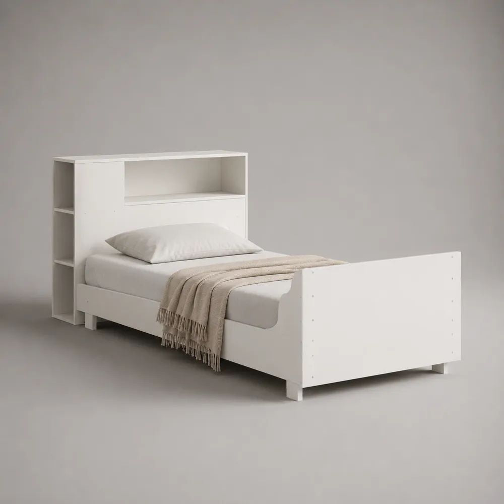 Lit simple 90 x 190 cm en bois blanc avec tête de lit bibliothèque et rangements intégrés, 203 x 101 x 140 cm