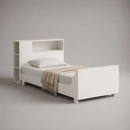 Lit simple 90 x 190 cm en bois blanc avec tête de lit bibliothèque et rangements intégrés, 203 x 101 x 140 cm