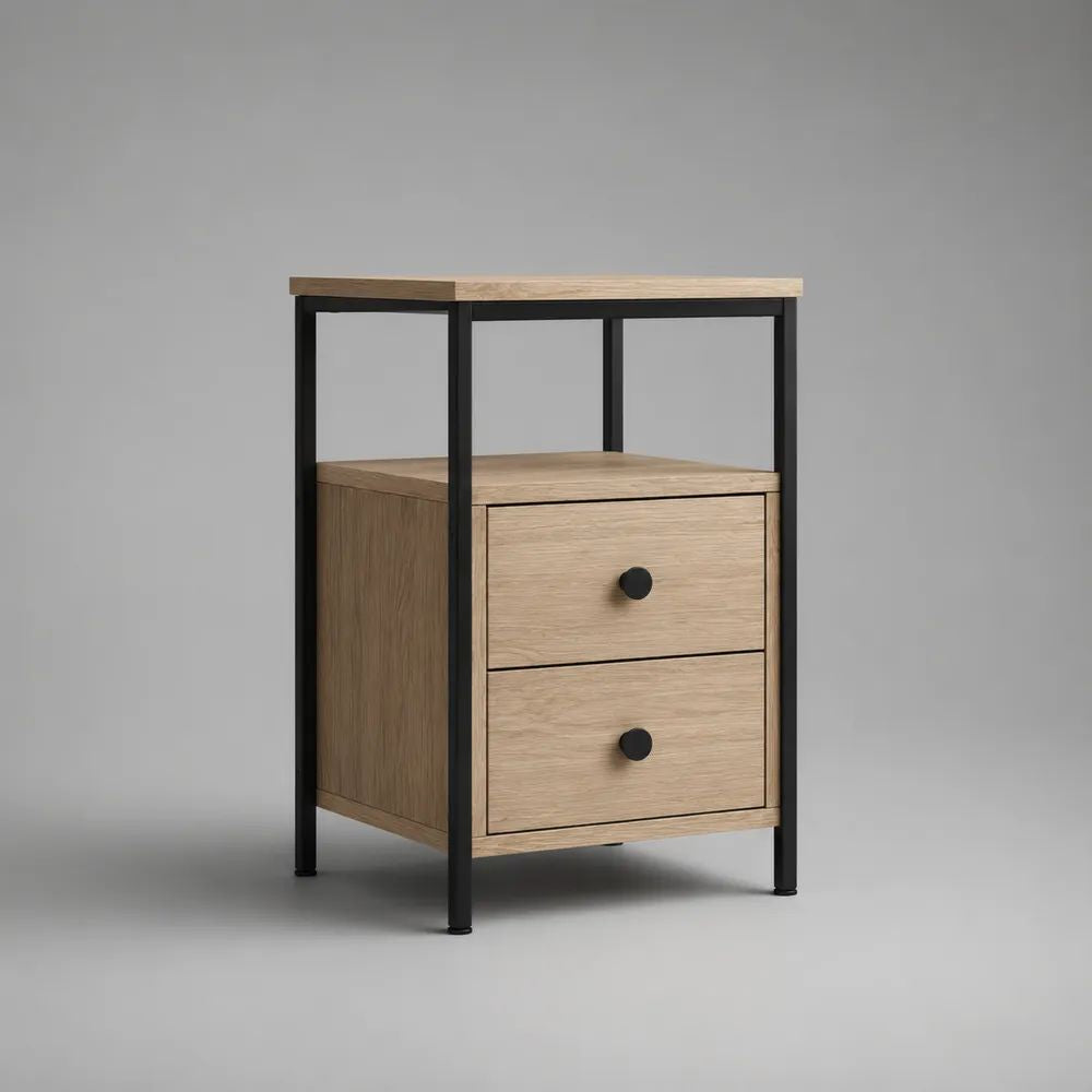 Table de chevet rectangulaire en bois et acier avec 2 tiroirs et étagère, chêne clair et noir, 40 × 40 × 60 cm