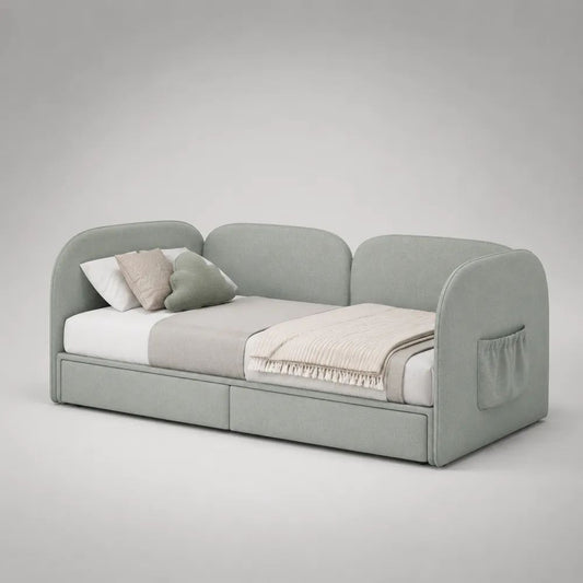 Lit banquette en tissu vert sauge 90 × 190 cm avec sommier, 2 tiroirs et poche latérale
