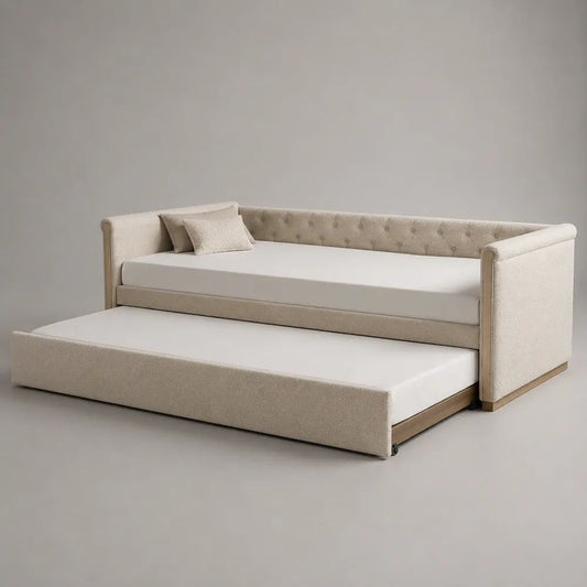 Lit banquette gigogne 2 couchages en tissu bouclé beige crème et bois brun clair, couchages 90 x 190 cm, dimensions 205 x 100 x 86 cm