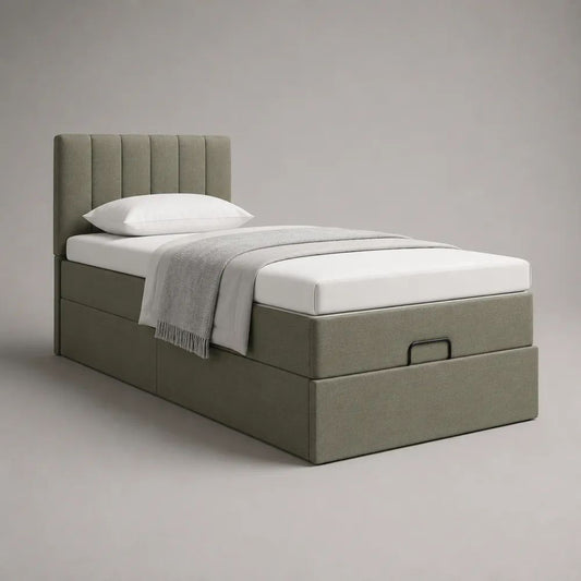 Lit coffre 1 place 90 x 190 cm en polyester grège avec sommier relevable et tête de lit