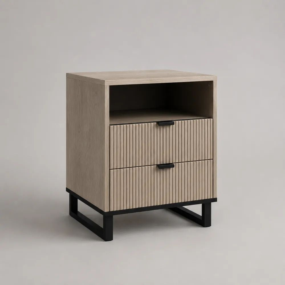 Table de chevet rectangulaire en bois et métal avec 2 tiroirs et niche, effet chêne clair et noir, 45 × 40 × 60 cm