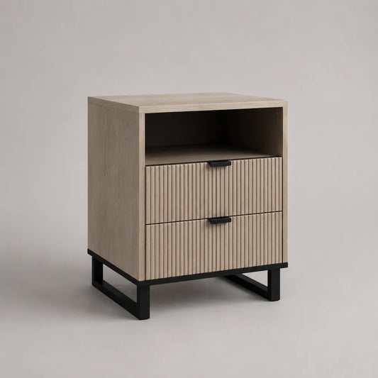 Table de chevet rectangulaire en bois et métal avec 2 tiroirs et niche, effet chêne clair et noir, 45 × 40 × 60 cm