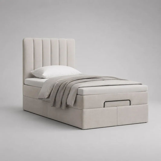 Lit coffre 90 × 190 cm en velours polyester beige clair avec sommier relevable et tête de lit à panneaux verticaux
