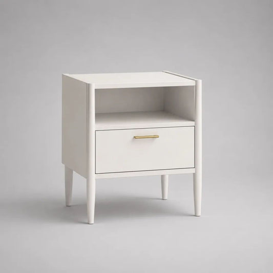 Table de chevet avec tiroir et niche en MDF et bois massif blanc et doré, 45 × 35 × 60 cm
