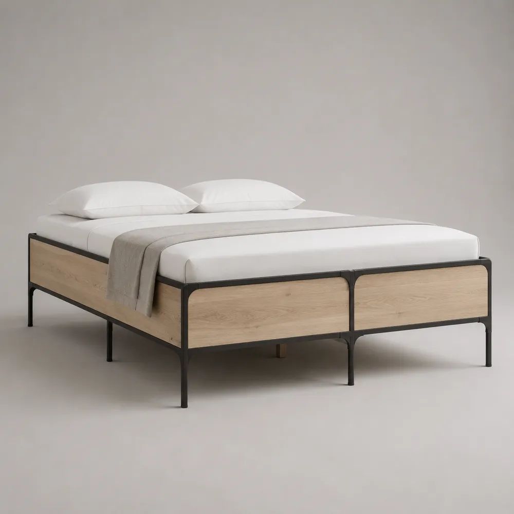 Cadre de lit double 160 × 200 cm en acier noir et MDF plaqué chêne naturel, 206 × 166 × 48 cm, sans tête de lit