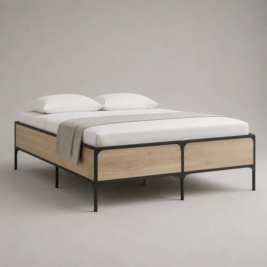 Cadre de lit double 160 × 200 cm en acier noir et MDF plaqué chêne naturel, 206 × 166 × 48 cm, sans tête de lit