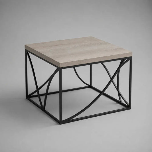 Table basse carrée en panneau de particules mélaminé et acier noir, 60 × 60 × 45 cm, chêne clair