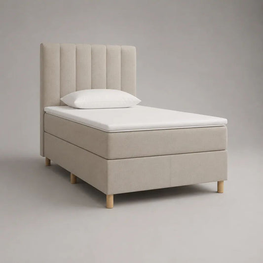 Lit continental 1 place 90 x 200 cm en tissu bouclé beige avec matelas, surmatelas et tête de lit rembourrée