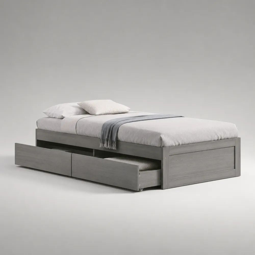 Lit double en MDF gris avec 2 tiroirs de rangement, couchage 140 x 190 cm, dimensions 196 x 147 x 58 cm