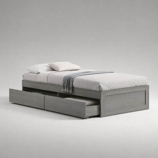 Lit double en MDF gris avec 2 tiroirs de rangement, couchage 140 x 190 cm, dimensions 196 x 147 x 58 cm