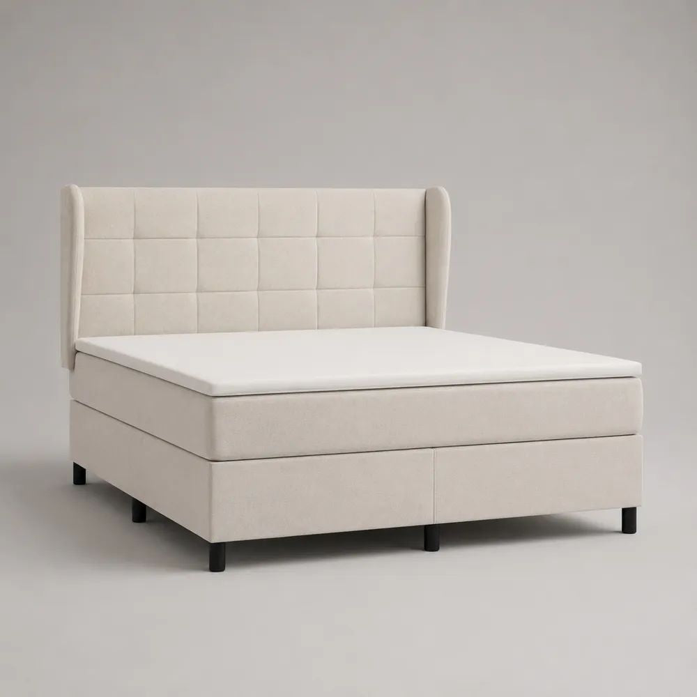 Ensemble lit double en tissu blanc cassé 160 x 200 cm avec sommier, matelas, surmatelas et tête de lit matelassée