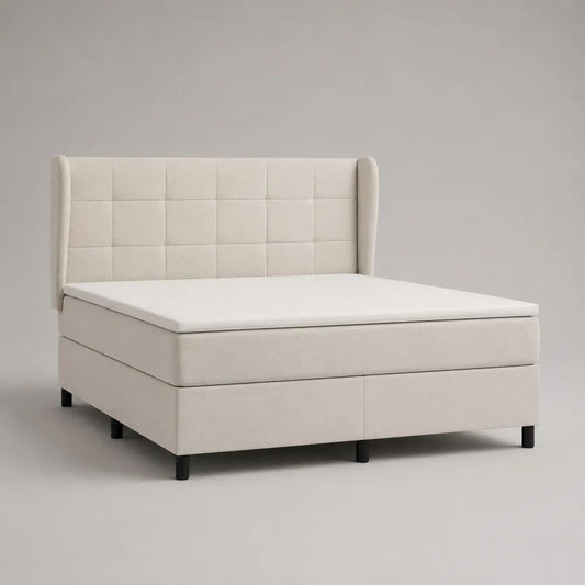 Ensemble lit double en tissu blanc cassé 160 x 200 cm avec sommier, matelas, surmatelas et tête de lit matelassée