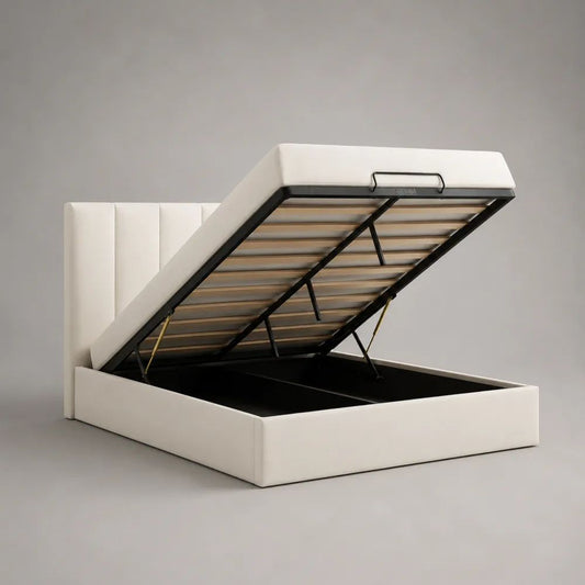 Lit coffre double 160 × 200 cm en bois et métal, tissu blanc cassé, sommier à lattes et tête de lit rembourrée