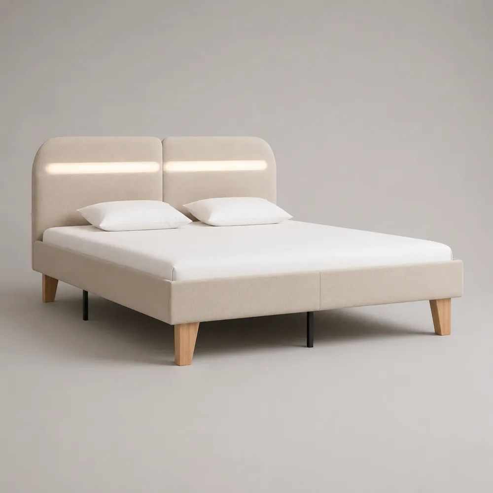Lit double 160 x 200 cm en tissu beige avec tête de lit LED et cadre rembourré, 214 x 169 x 110 cm