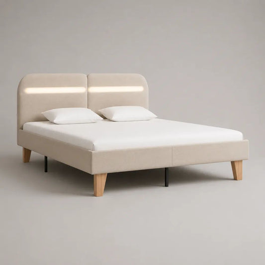 Lit double 160 x 200 cm en tissu beige avec tête de lit LED et cadre rembourré, 214 x 169 x 110 cm