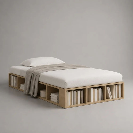 Lit plateforme en bois avec rangements intégrés, chêne naturel, couchage 140 × 200 cm