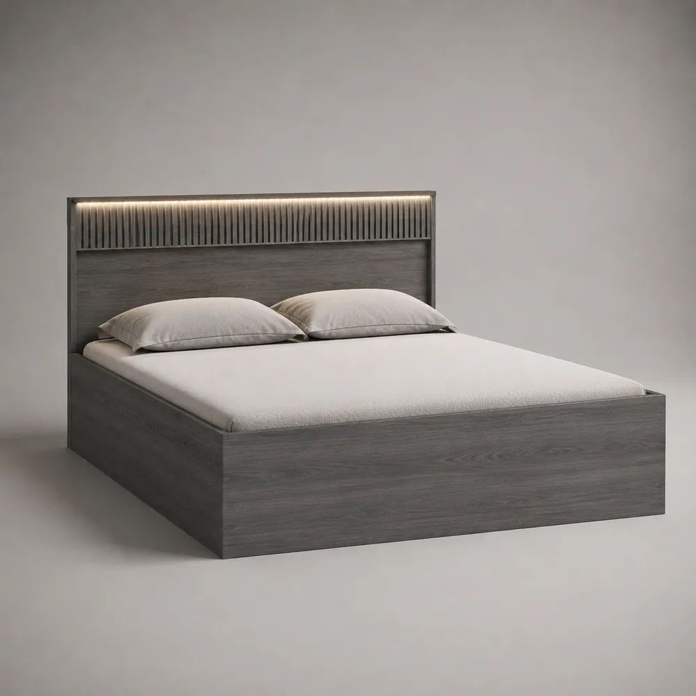 Lit double en panneaux de particules mélaminés avec tête de lit LED, gris foncé, couchage 160 x 200 cm