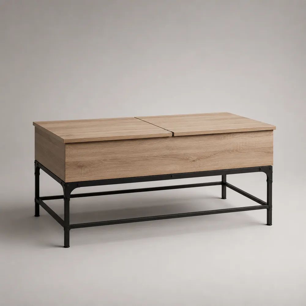 Table basse coffre rectangulaire en bois et métal, chêne clair et noir, 100 x 50 x 50 cm
