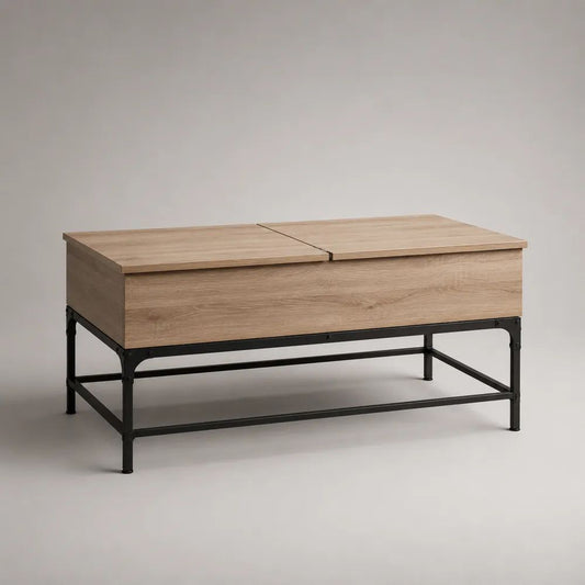 Table basse coffre rectangulaire en bois et métal, chêne clair et noir, 100 x 50 x 50 cm