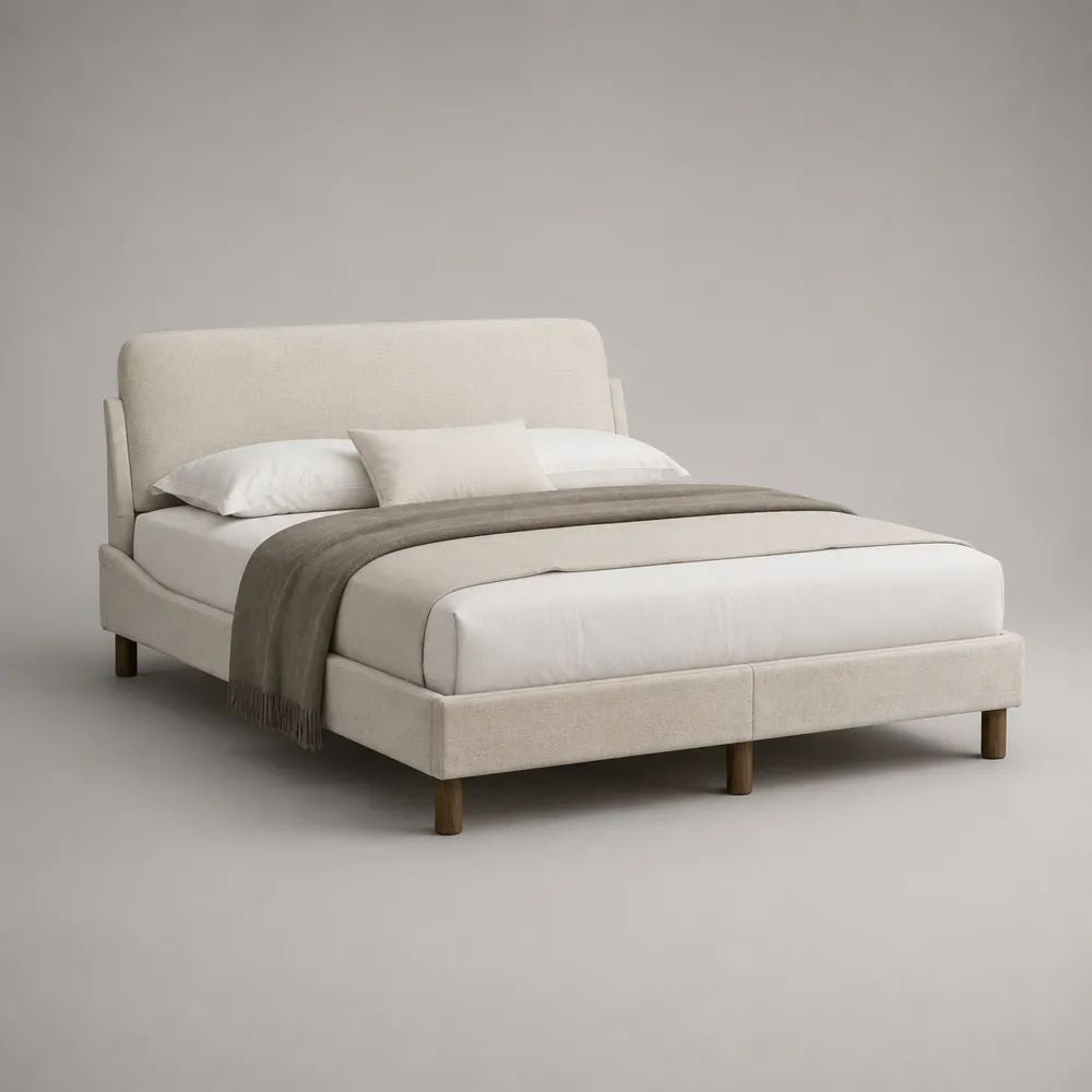 Lit double rembourré en polyester beige clair 160 x 200 cm avec tête de lit et sommier à lattes
