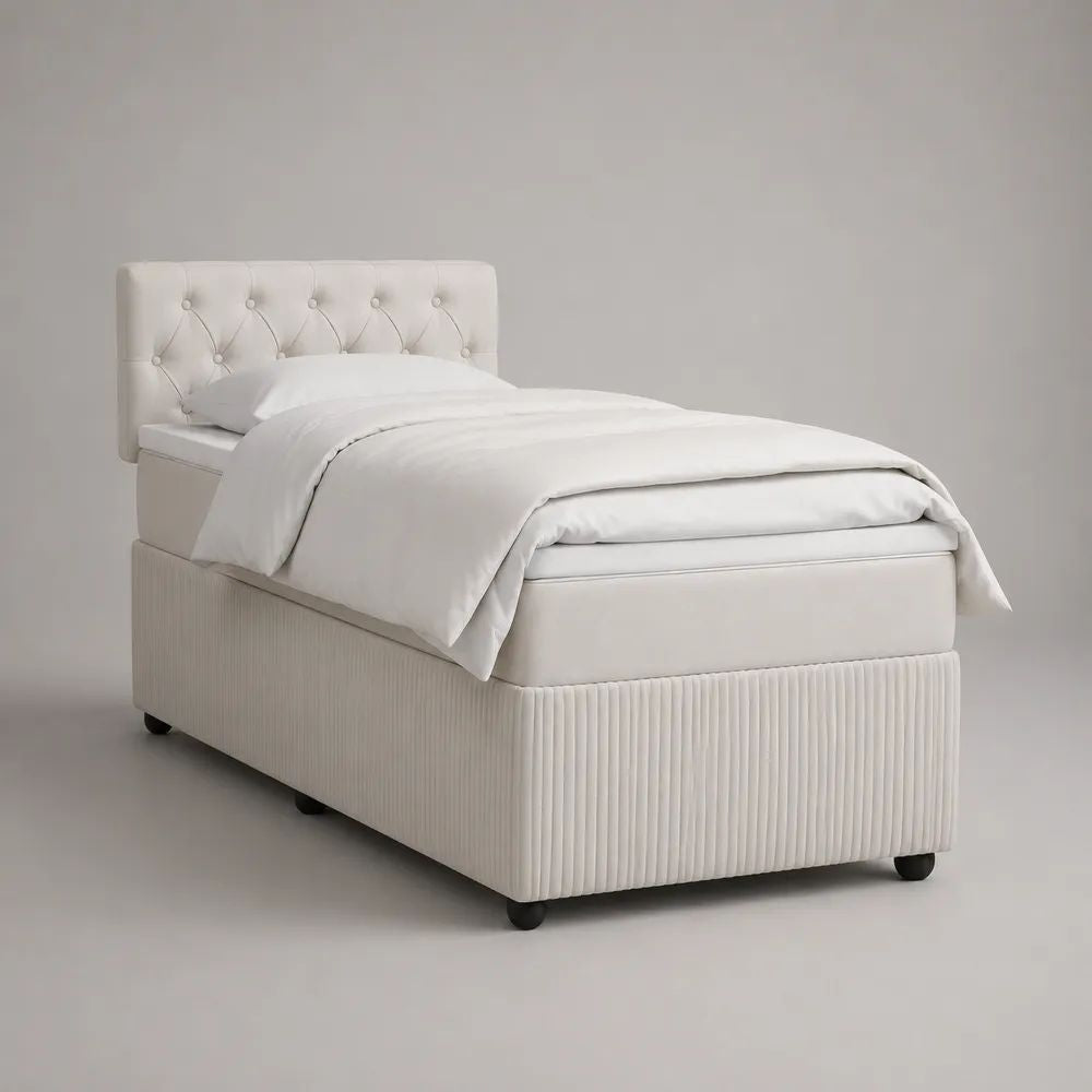 Cadre de lit simple rembourré 90 × 190 cm en tissu blanc cassé avec tête de lit capitonnée, dimensions 205 × 100 × 115 cm