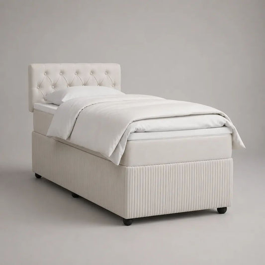 Cadre de lit simple rembourré 90 × 190 cm en tissu blanc cassé avec tête de lit capitonnée, dimensions 205 × 100 × 115 cm