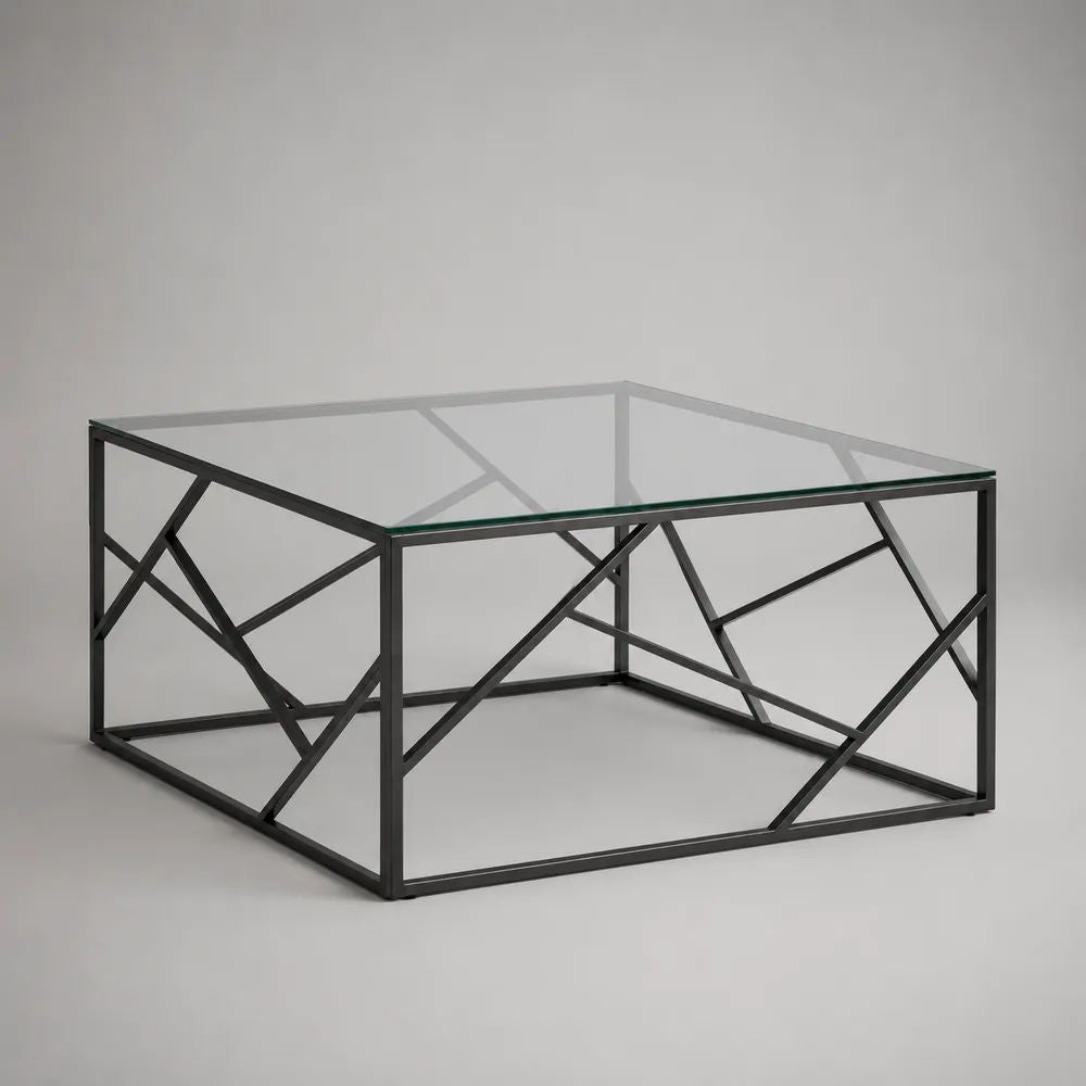 Table basse carrée en verre et acier noir, 80 × 80 × 45 cm
