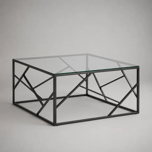 Table basse carrée en verre et acier noir, 80 × 80 × 45 cm
