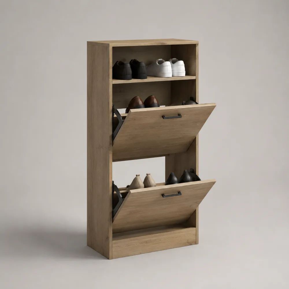 Meuble à chaussures effet chêne naturel avec 2 abattants et 2 étagères ouvertes, 70 × 24 × 150 cm