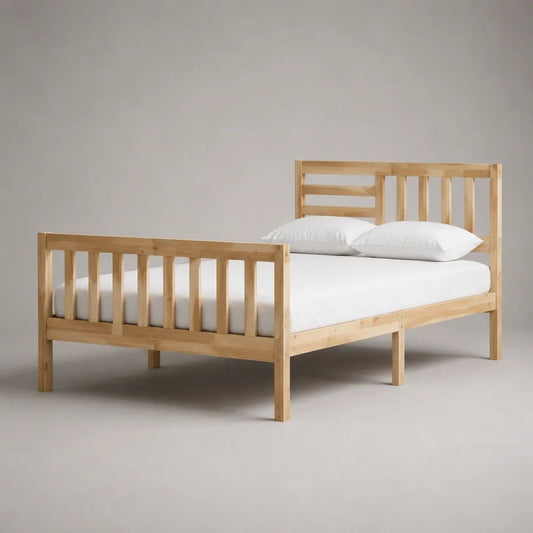 Cadre de lit double en bois massif naturel avec sommier à lattes, couchage 140 × 190 cm, dimensions 198 × 148 × 100 cm
