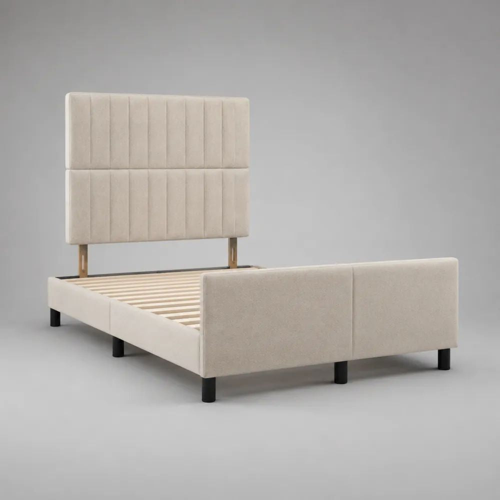 Lit double rembourré en tissu bouclé beige 160 x 200 cm avec sommier à lattes, tête de lit haute et cadre 170 x 215 x 150 cm