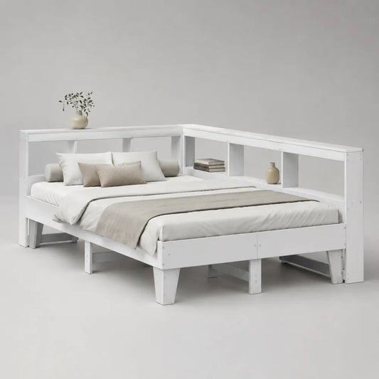Cadre de lit double en bois blanc avec étagères d’angle et sommier à lattes, couchage 160 × 200 cm, dimensions 211 × 171 × 110 cm