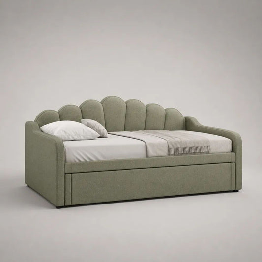 Canapé-lit banquette en polyester vert sauge avec lit gigogne, 2 couchages de 90 × 200 cm, 215 × 101 × 98 cm