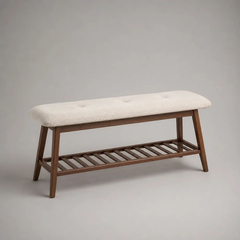 Banc à chaussures rectangulaire en bois avec assise rembourrée en tissu bouclé et étagère, blanc cassé et marron, 110 x 35 x 50 cm